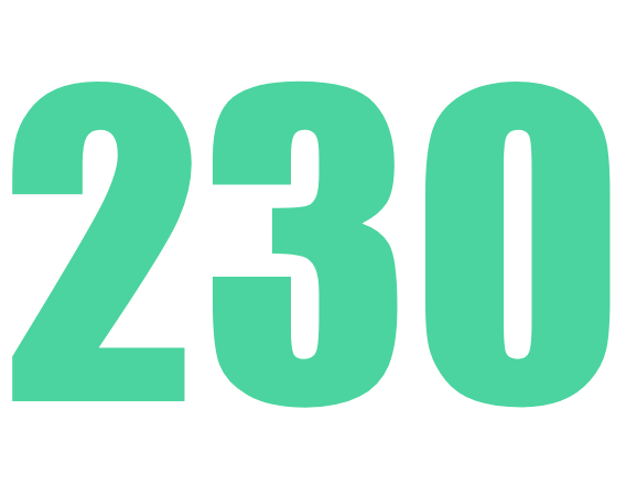 Large teal number 230 on a black background.