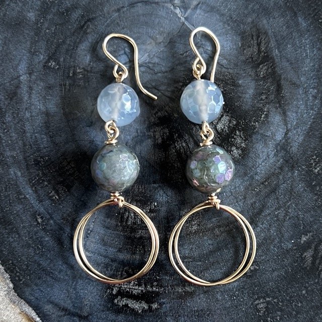 Grey Jade & Labradorite Gold Drop Circle Earrings