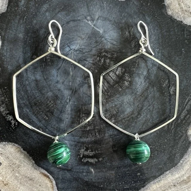 Green Malachite Silver Hexagon Earrings