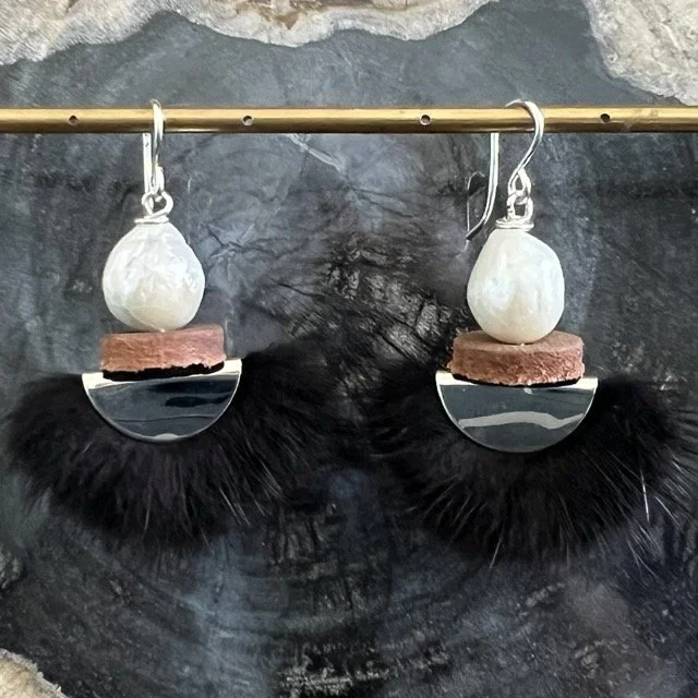 Silver Luna Black Mink Earrings with Baroque Pearls
