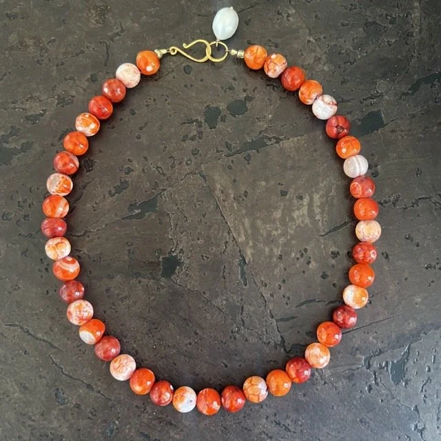 Fire Agate Necklace with White Pearl Drop