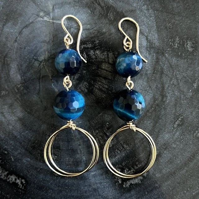 Kingfisher Tiger Eye Gold Drop Circle Earrings