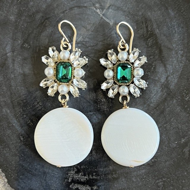 Green Gemburst Earrings with Mother of Pearl