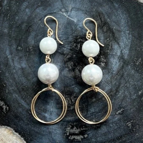 White Shell Pearls Gold Drop Circle Earrings