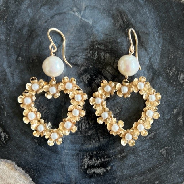 Gold Floral Heart Earrings with Freshwater Pearls