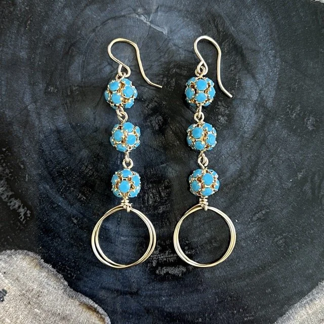 Gold Mini Drop Circle Earrings with Turquoise CZs