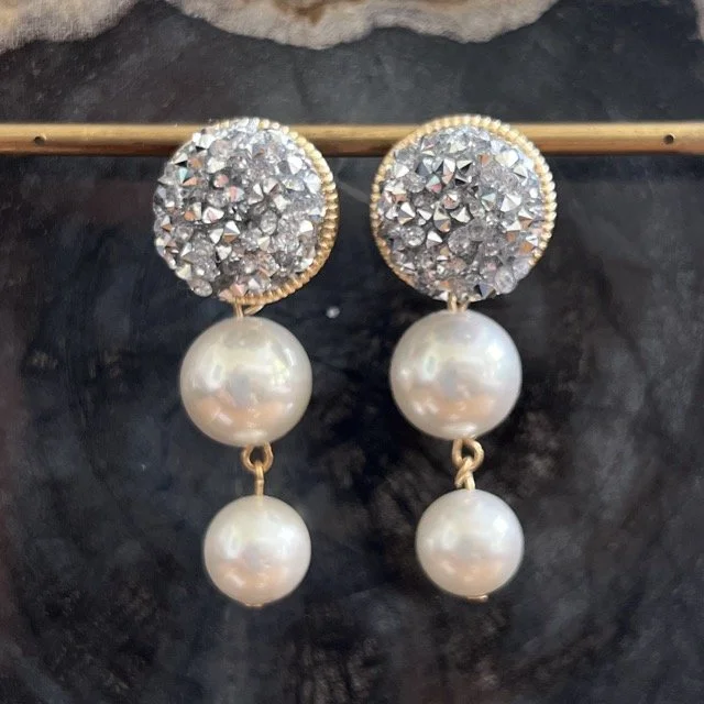 Silver Glitter Post Pearl Drop Earrings