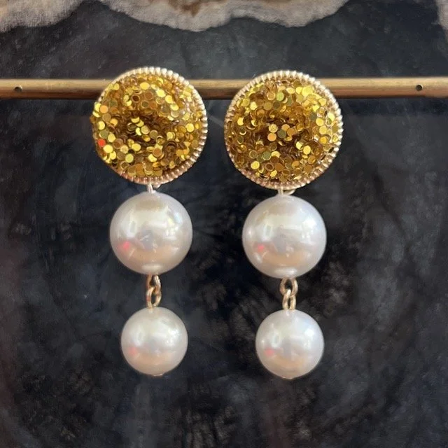 Gold Glitter Post Pearl Drop Earrings