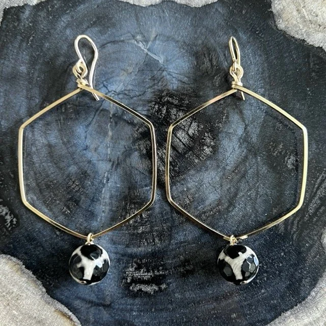 Black and Creme Agate Gold Hexagon Earrings