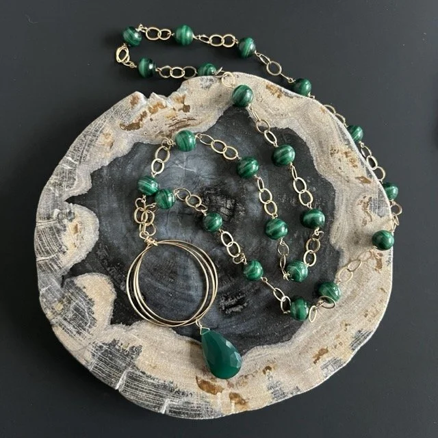 Linked Gemstone Circles Necklace with Malachite and Green Onyx