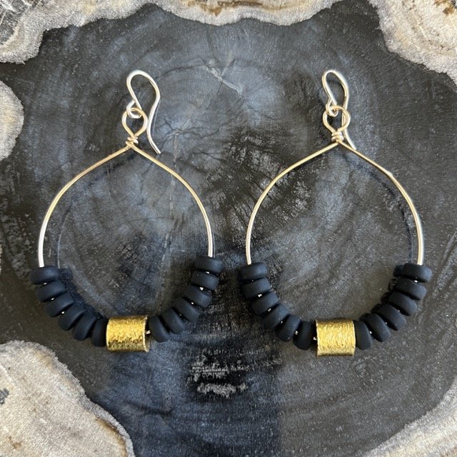 Gold Color Block Hoop Earrings-Black