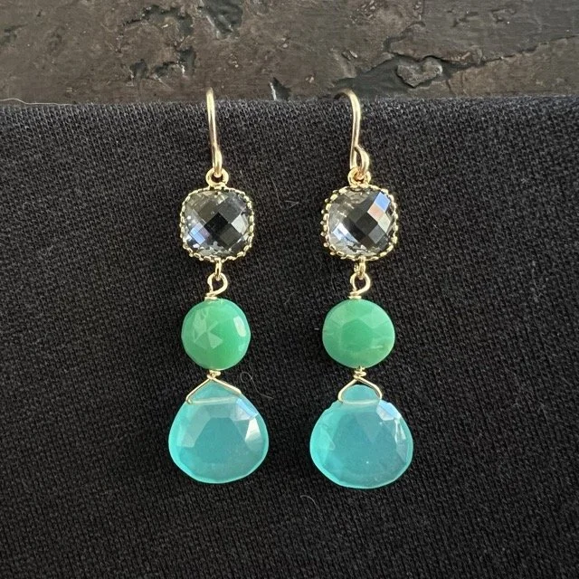 Smoky Grey Quartz with Chrysoprase & Peruvian Chalcedony Linked Earrings