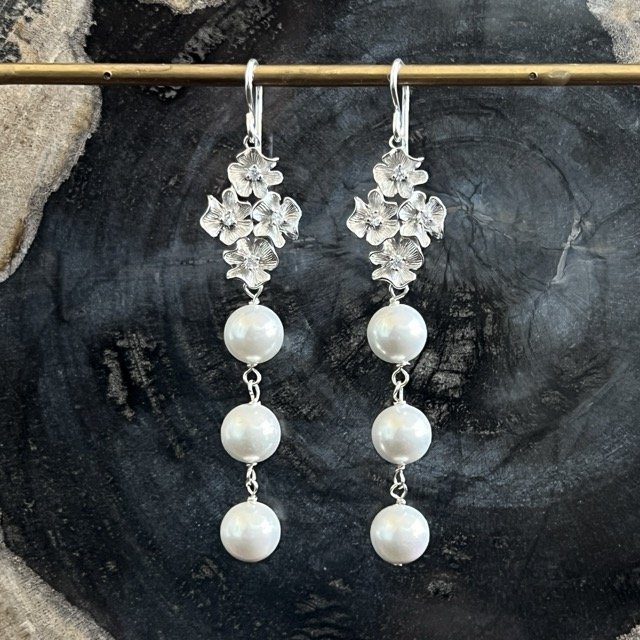 Silver Flower Drop Earrings with Shell Pearls