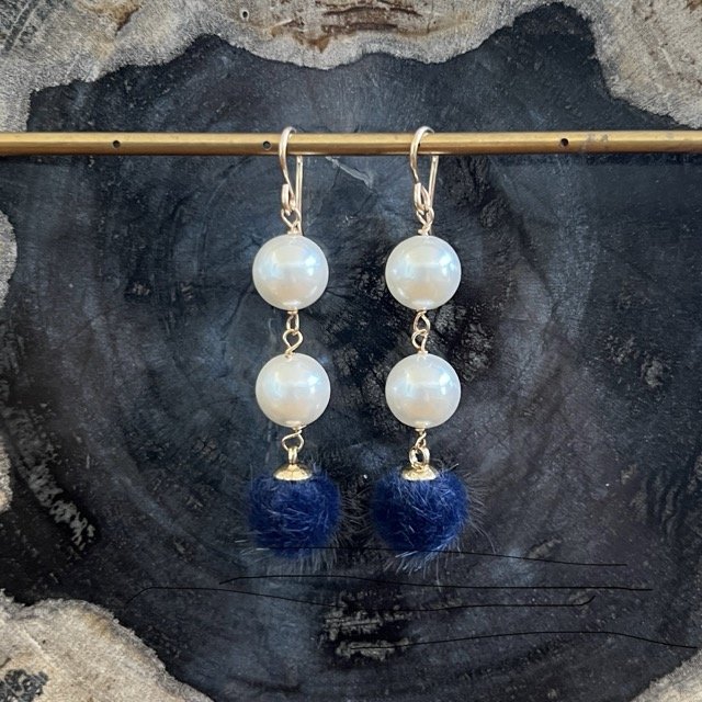 Navy Faux Fur & Shell Pearl Drop Earrings