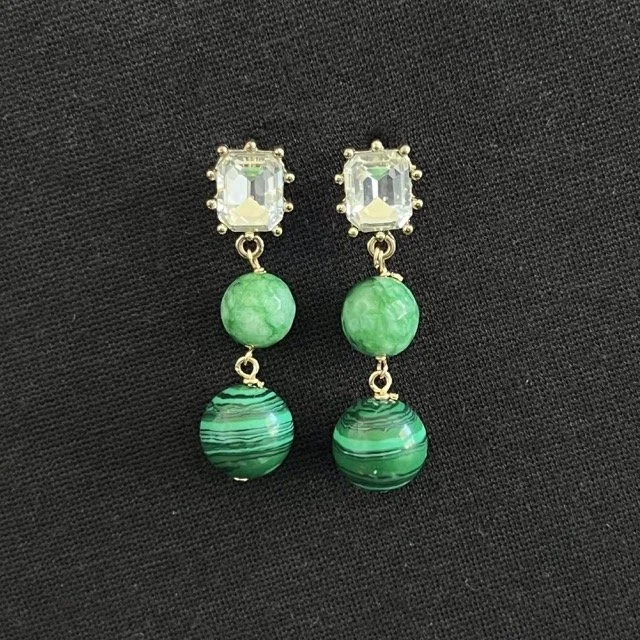 Crystal Post Earrings with Green Jade and Malachite