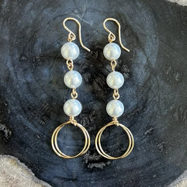 Gold Mini Drop Circle Earrings with White Shell Pearls