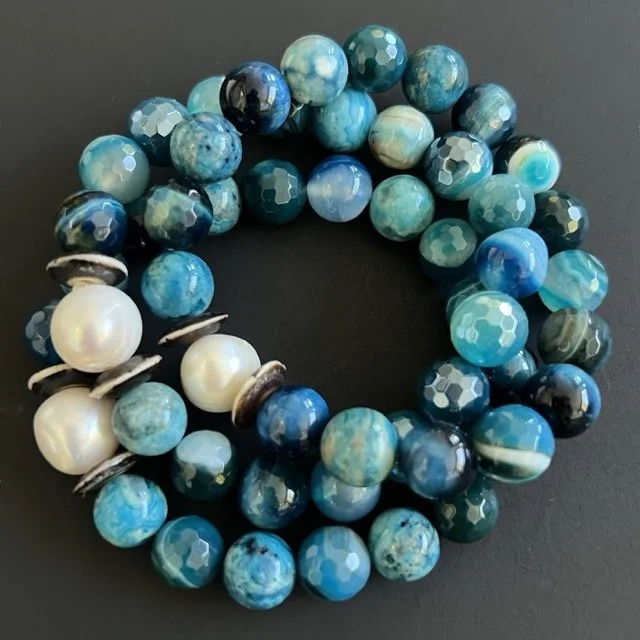 Gemstone Stretch Bracelets with Mixed Blue Agate
