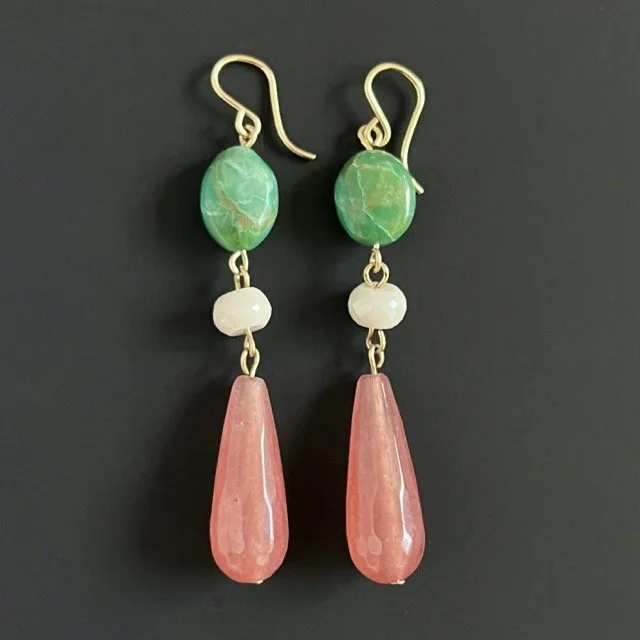 Rose Quartz Drops with Coated Quartz and Green Opals