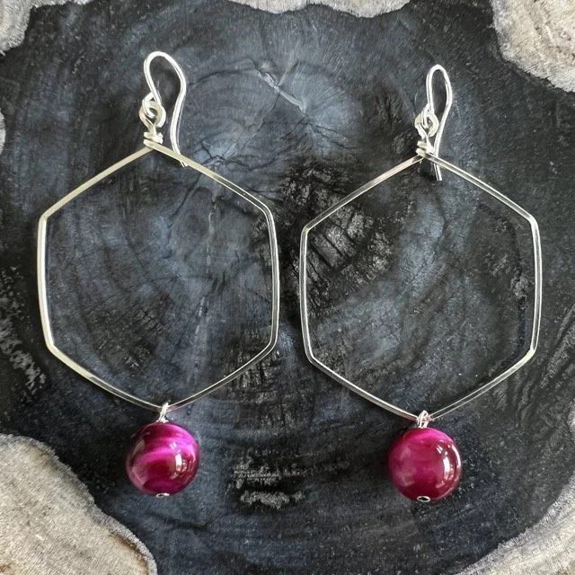 Fuchsia Tiger Eye Silver Hexagon Earrings