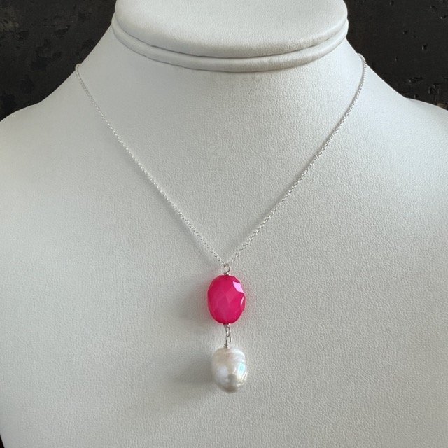 Hot Pink Chalcedony & Baroque Pearl Silver Pendant Necklace