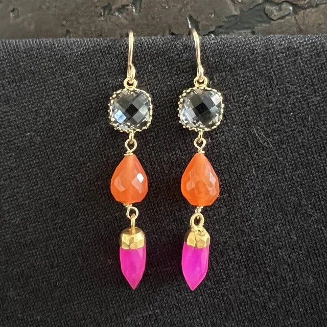 Smoky Grey Quartz with Orange Chalcedony & Pink Chalcedony Linked Earrings