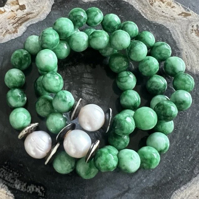 Gemstone and Pearl Stretch Bracelets with Grass Green Agate
