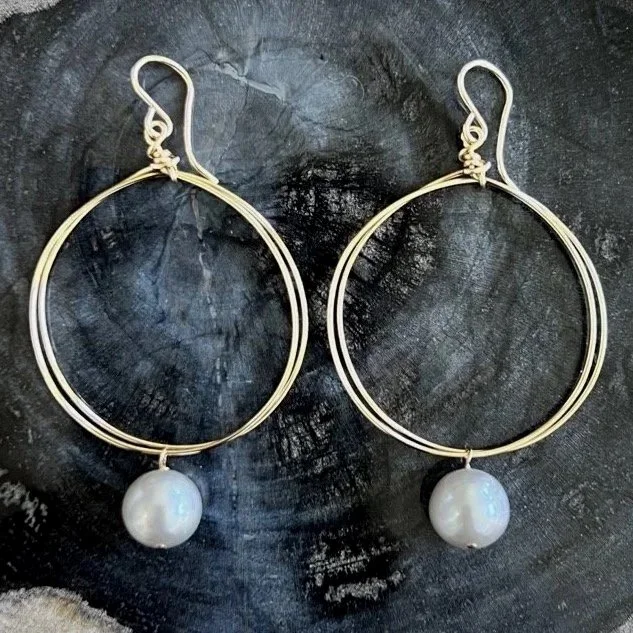 Gold Circle Earrings with Grey Freshwater Pearls