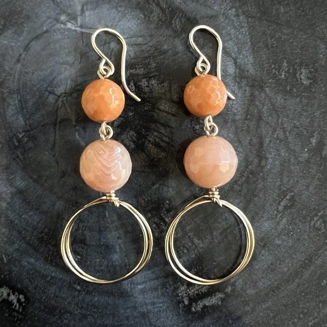 Coral MOP and Agate Gold Drop Circle Earrings