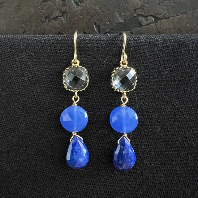 Smoky Grey Quartz with Blue Chalcedony & Lapis Linked Earrings