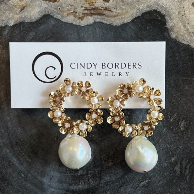 Gold Floral Wreath Earrings with White Baroque Pearls