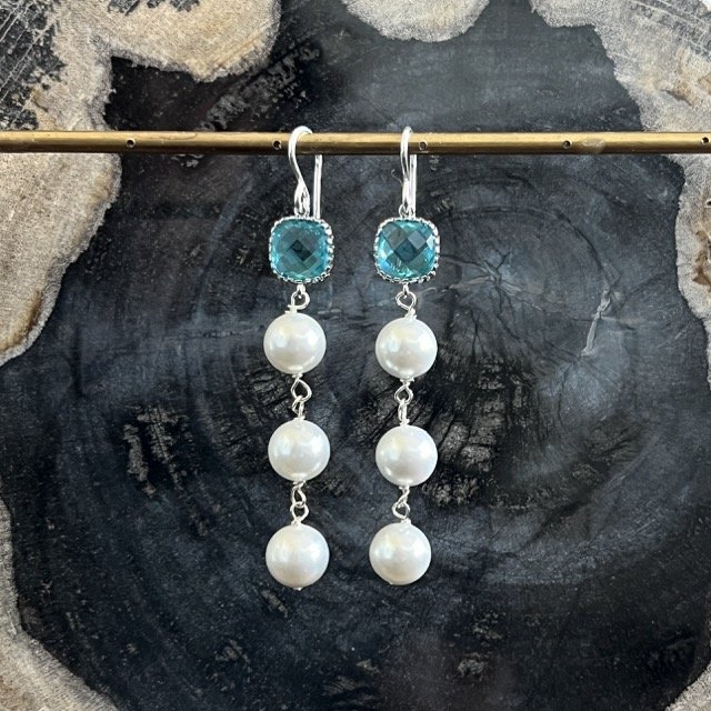 Turquoise Quartz Linked Pearl Drop Earrings
