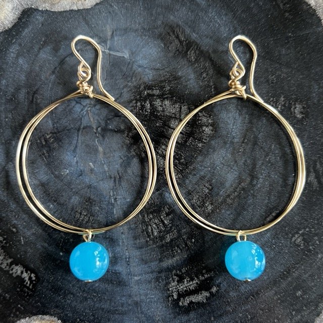 Gold Circle Earrings with Turquoise Blue Crystal