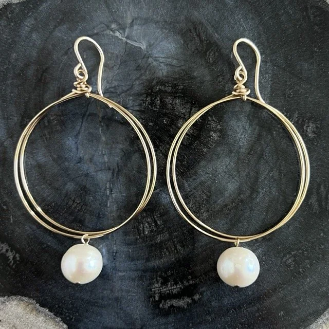 Gold Circle Earrings with White Freshwater Pearls