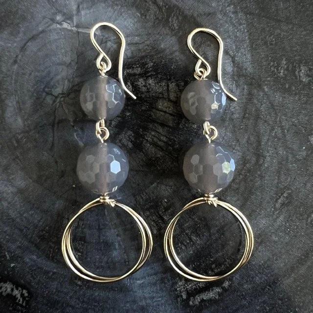 Grey Agate Gold Drop Circle Earrings