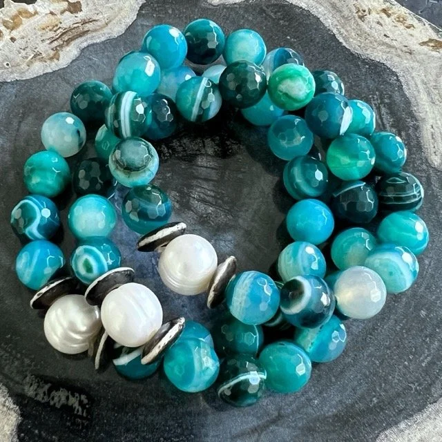 Gemstone and Pearl Stretch Bracelets with Mixed Teal Gemstones