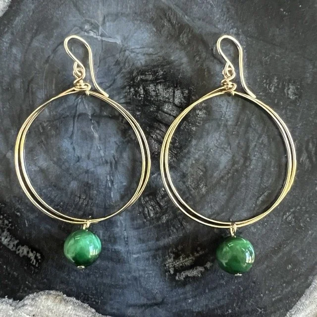 Gold Circle Earrings with Green Tiger Eye