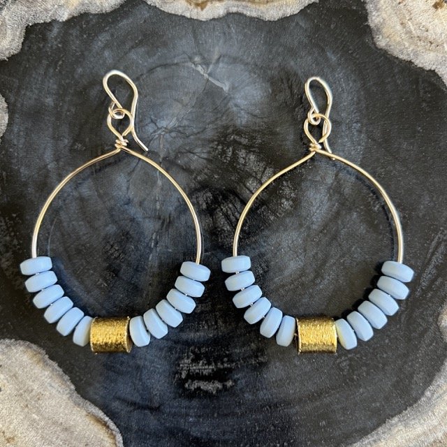 Gold Color Block Hoop Earrings-Powder Blue