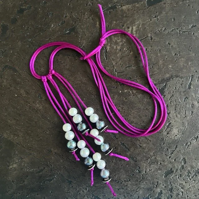 Pearl Waterfall Necklace on Vibrant Violet Silk