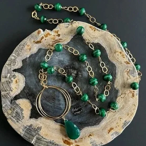 Linked Gemstone Circle Necklace with Malachite and Green Onyx