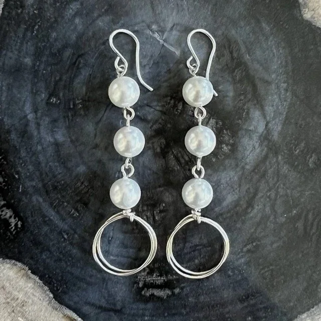 Silver Mini Drop Circle Earrings with White Shell Pearls