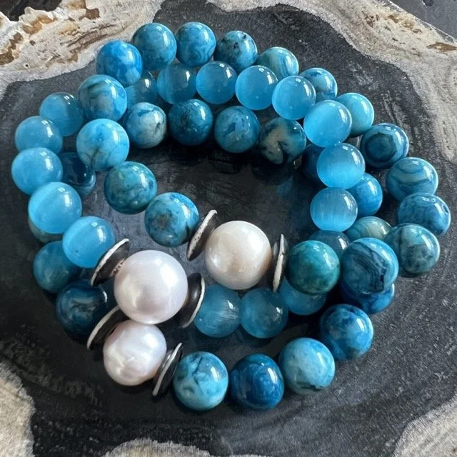 Gemstone and Pearl Stretch Bracelets with Mixed Deep Blue Agate & Cat Eye
