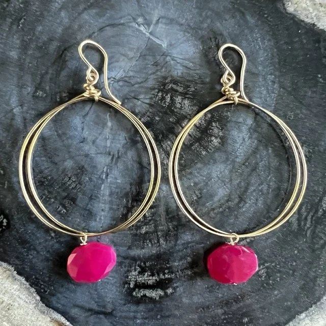Gold Circle Earrings with Deep Fuchsia Chalcedony