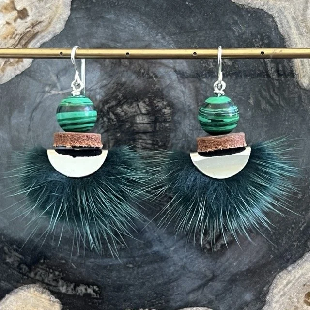 Silver Luna Pine Green Mink Earrings with Malachite