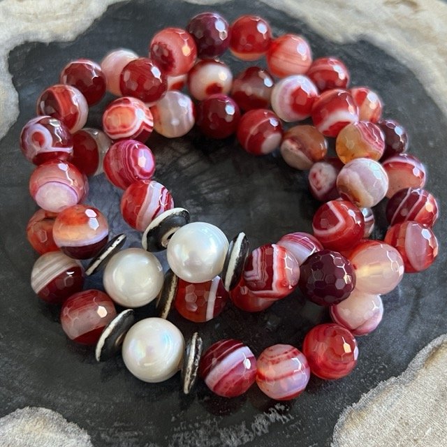 Gemstone and Pearl Stretch Bracelets with Striped Maroon Red Agate