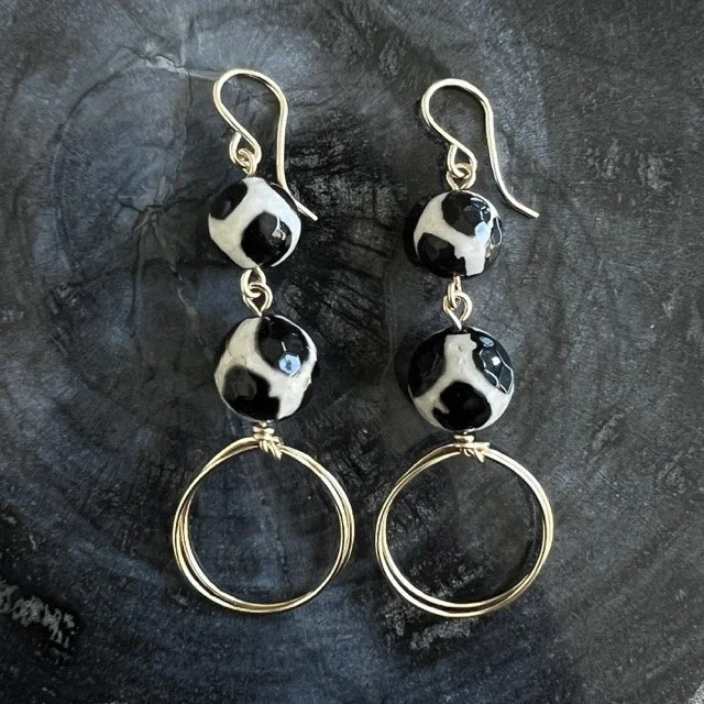Black & Creme Agate Gold Drop Circle Earrings