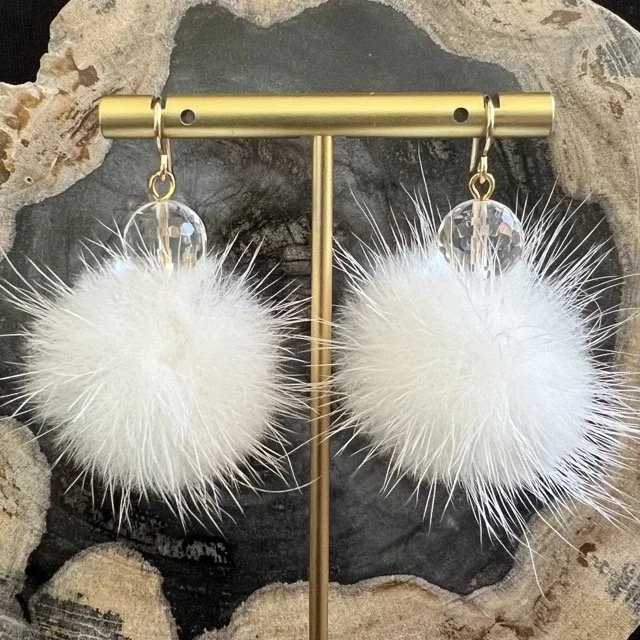 White Mink Earrings with Clear Crystal