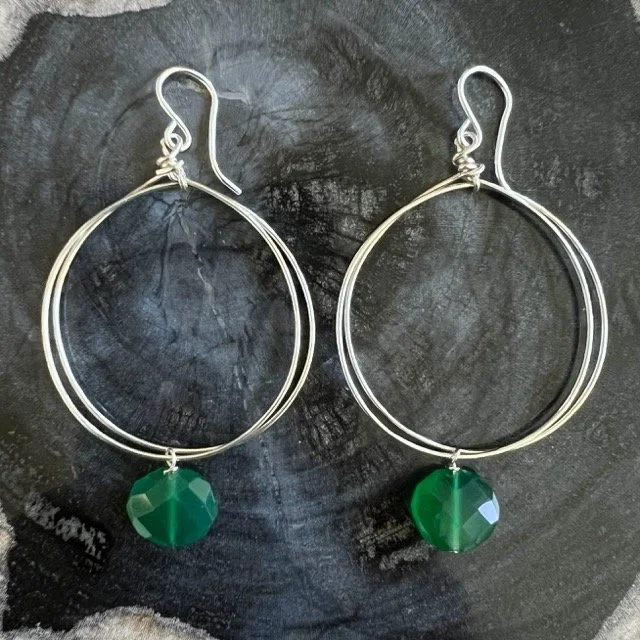 Silver Circle Earrings with Pine Green Chalcedony