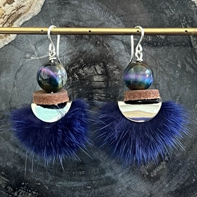 Silver Luna Royal Blue Mink Earrings with Galaxy Tiger Eye