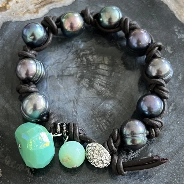 Woven Leather and Peacock Pearl Bracelet with Crysophrase