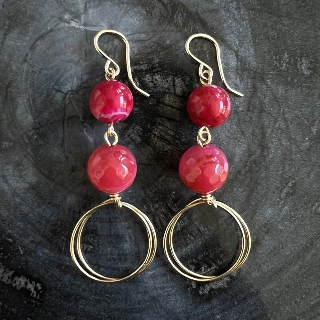Cherry Agate Gold Drop Circle Earrings
